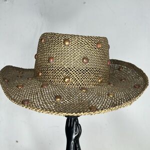 Vintage Carole Freed for Le Petit Chapeau Women’s Hat Straw Bronze Studs USA